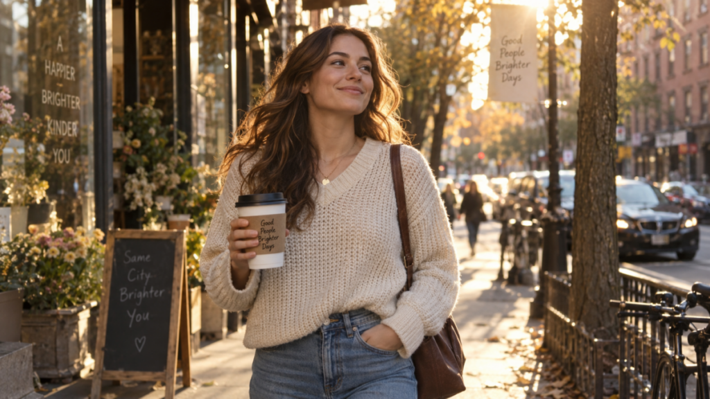 The Adult Friendship Confidence Boost: Overcoming Self-Doubt 14 A confident woman smiling on a sunlit city sidewalk while holding a coffee cup.