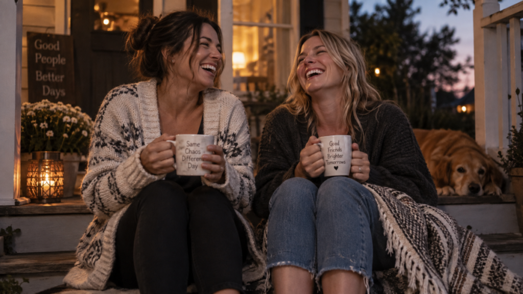 Can Women Really Two close female friends sharing a heartfelt conversation on a porch at dusk.