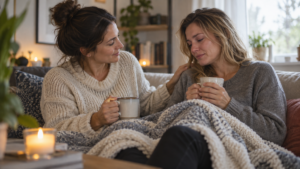 Isn’t This True of a Good Friend? 7 Rare Qualities of Real Friendship in Adulthood 5 Two female friends comforting each other on a sofa with tea after a breakup.