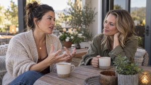 Two female friends listening and supporting each other over coffee at an outdoor cafe.