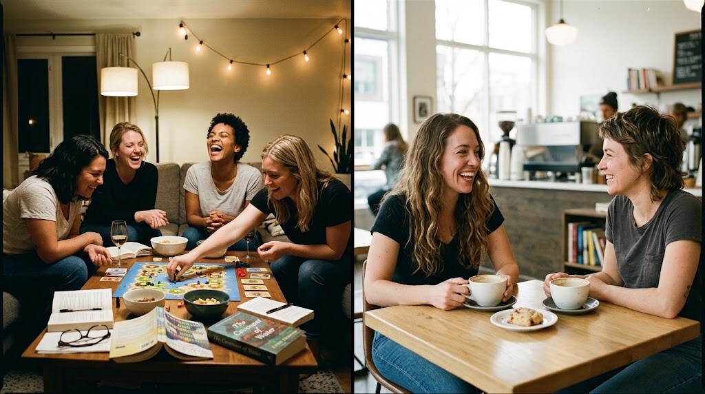 Friendship Apps vs. Meetup Groups: Which One Works Better for Women? 1 Comparison of women socializing at a group meetup versus meeting one-on-one for coffee.