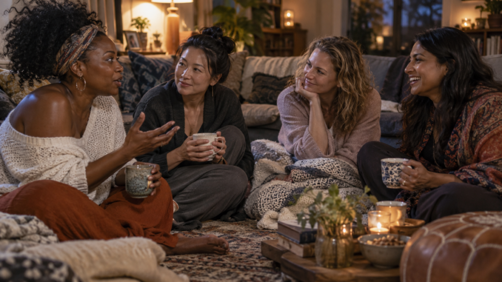 Female Friendship: Why It Matters, Why It’s Complicated, and How to Build Bonds That Last 1 A group of diverse adult female friends sharing an intimate conversation in a cozy living room.